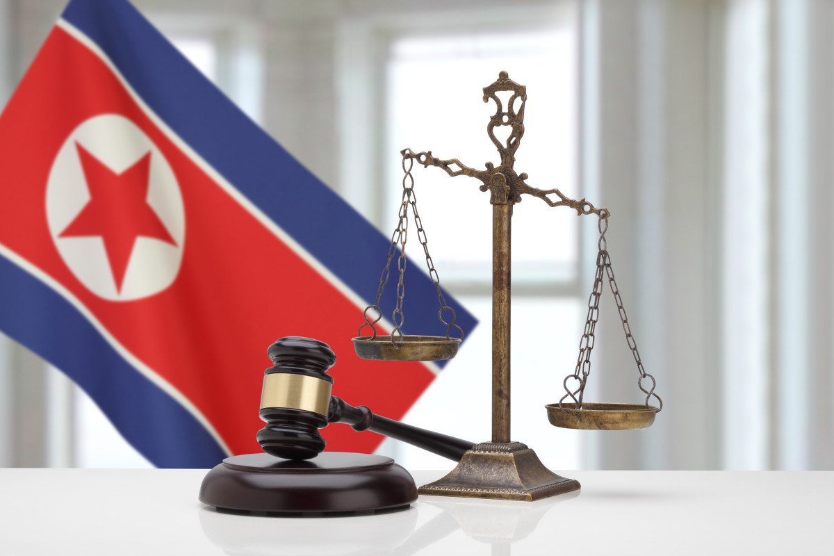 ▲북한 국기와 사법제도 상징물인 망치와 저울