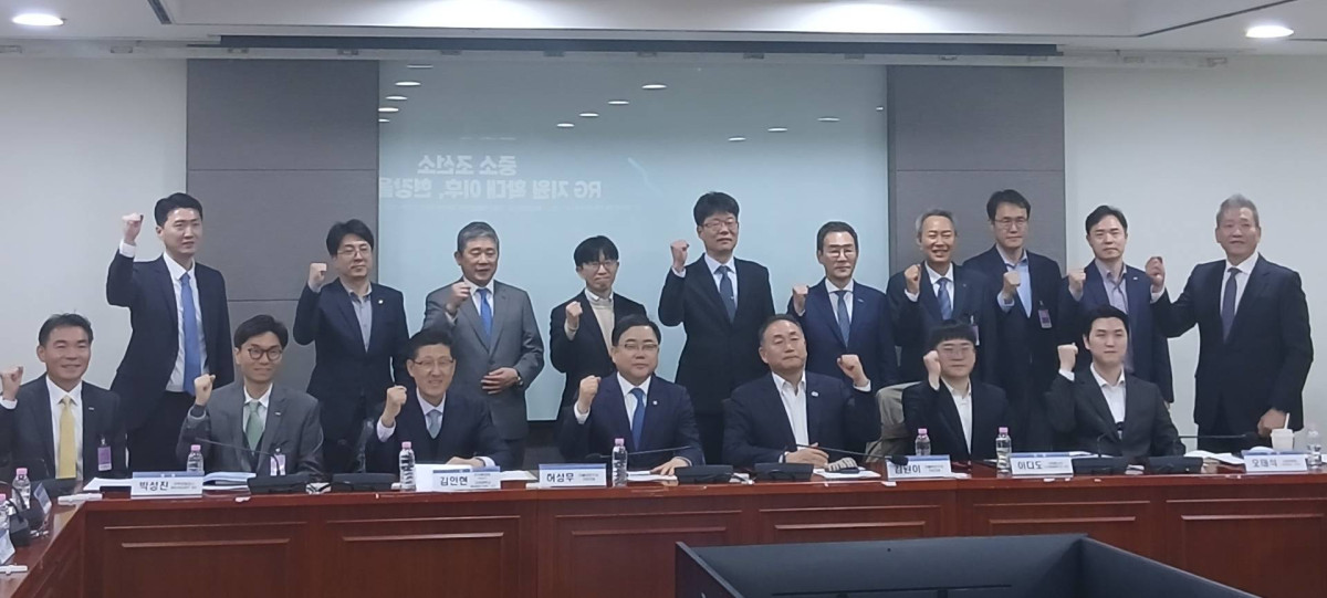 ▲(앞줄 왼쪽에서 네번째부터)허성무, 김원이 더불어민주당 의원이 중소조선사 임원 및 국책은행 관계자 등과 함께 31일 국회의원회관에서 개최된  '중소 조선소 RG 지원 확대 이후, 현장을 묻다' 토론회에서 사진을 촬영하고 있다. (박민석 기자 mins@)