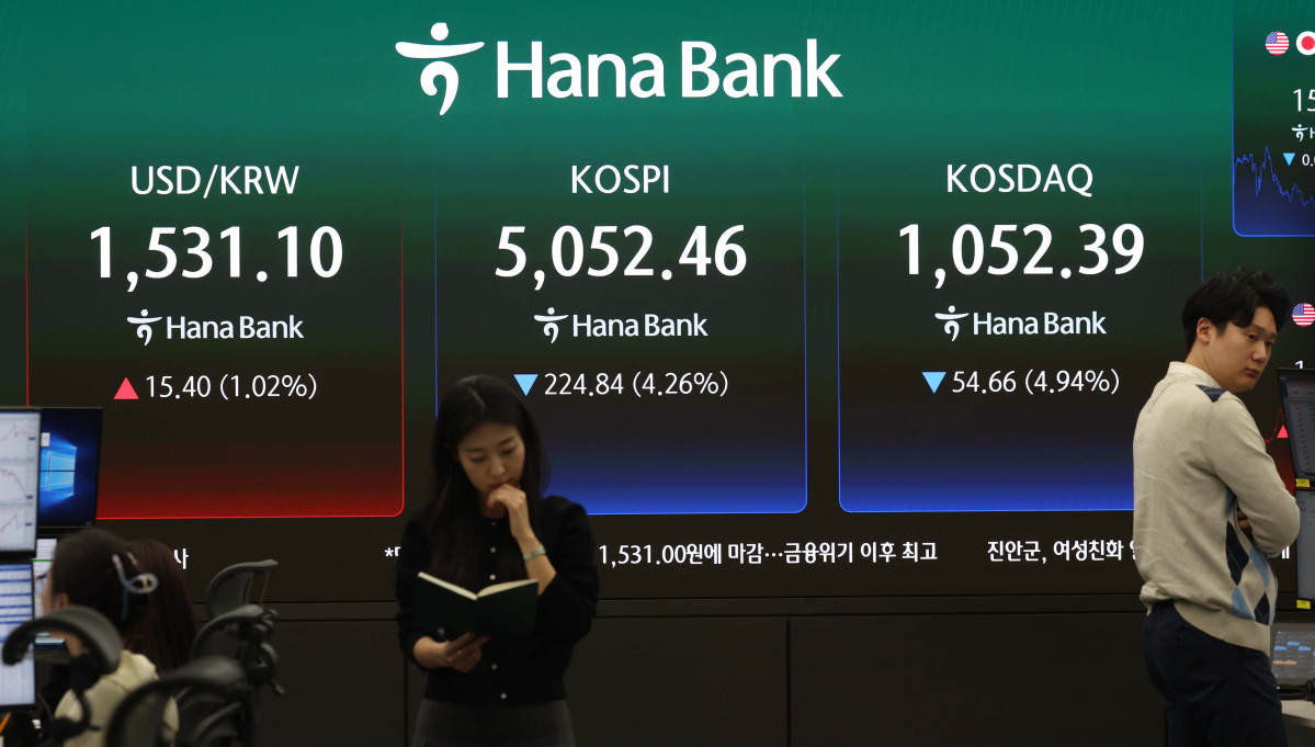 ▲원·달러 환율이 1530원대로 주간거래를 마치면서 금융위기 이후 17년 만에 최고치를 기록하고 코스피는 전 거래일보다 4% 넘게 떨어진 31일 서울 중구 하나은행 본점 딜링룸 모니터에 코스피 등 시황이 표시되고 있다. 이날 코스피는 전 거래일 대비 224.84포인트(4.26%) 내린 5052.46, 코스닥은 54.66포인트(4.94%) 하락한 1052.39, 서울외환시장에서 원·달러 환율은 전일 오후 3시 30분 주간종가 대비 14.40원 오른 1530.10원으로 장을 마쳤다. 신태현 기자 holjjak@