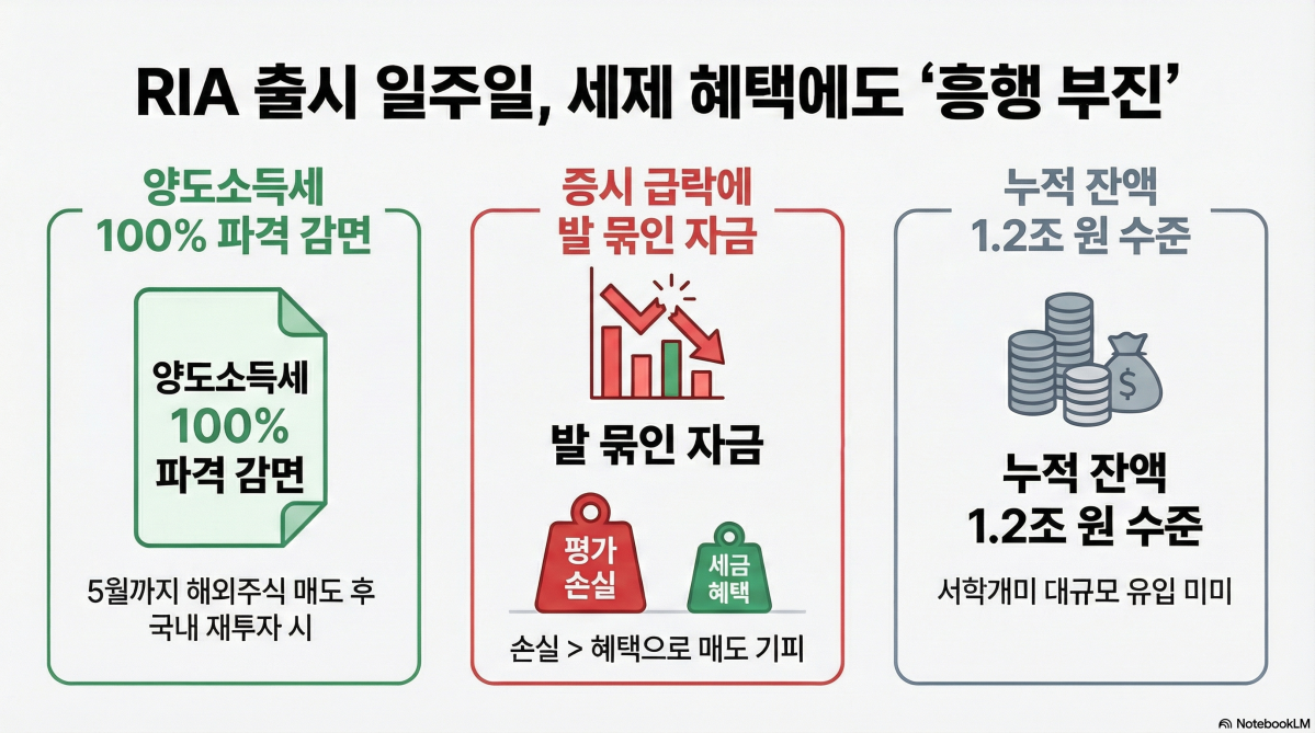 ▲국내시장복귀계좌(RIA)가 출시 초기 파격적인 세제 혜택에도 불구하고 저조한 성적을 기록하고 있다. 최근 국내외 증시의 동반 하락으로 투자자들이 대규모 평가 손실 구간에 진입하면서 자금 회수에 난항을 겪는 영향으로 분석된다. (이미지=구글 노트북 LM)