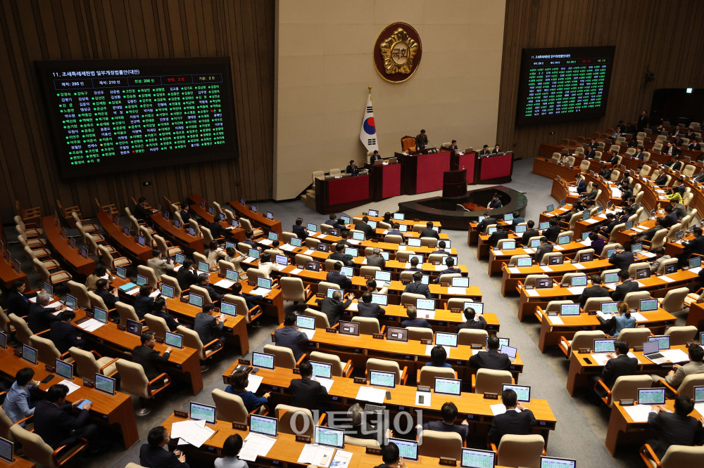 ▲31일 서울 여의도 국회 본회의에서 조세특례제한법 일부개정법률안이 가결되고 있다. 고이란 기자 photoeran@
