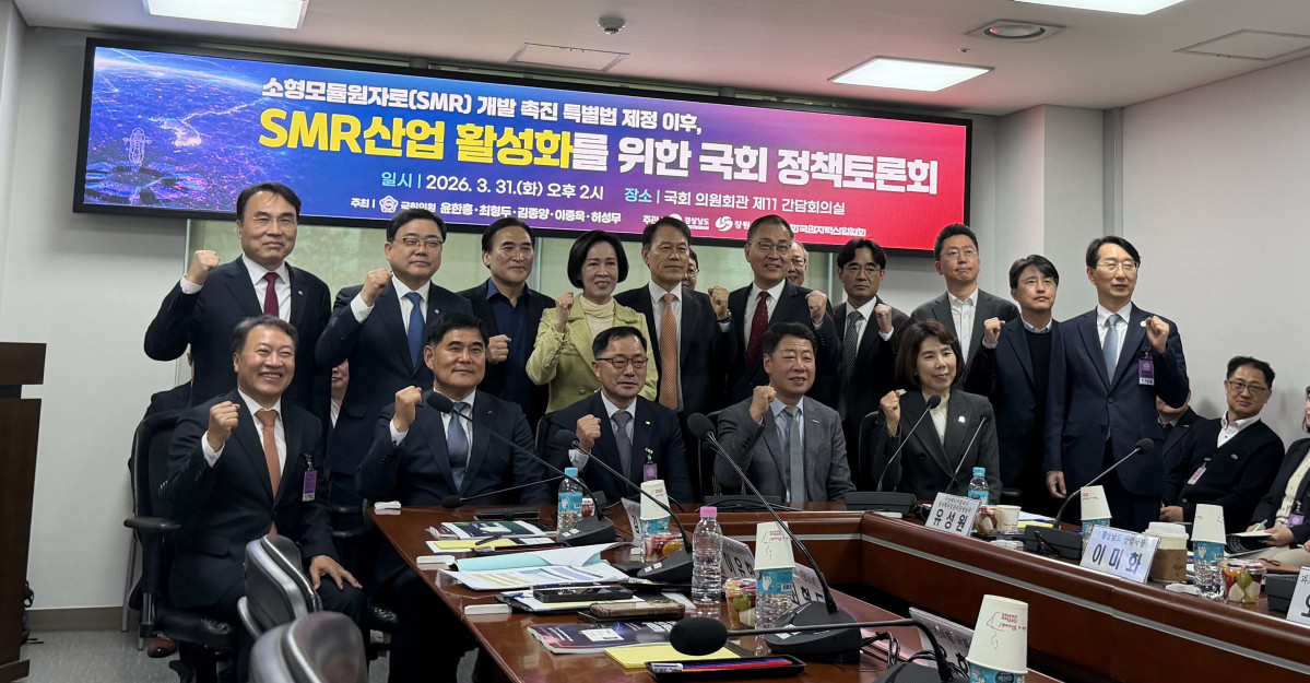 ▲31일 서울 여의도 국회 의원회관에서 열린 ‘SMR 특별법 제정 이후 산업 활성화를 위한 정책 토론회’에서 참석자들이 기념 촬영을 하고 있다. 김민서 기자 viajeporlune@