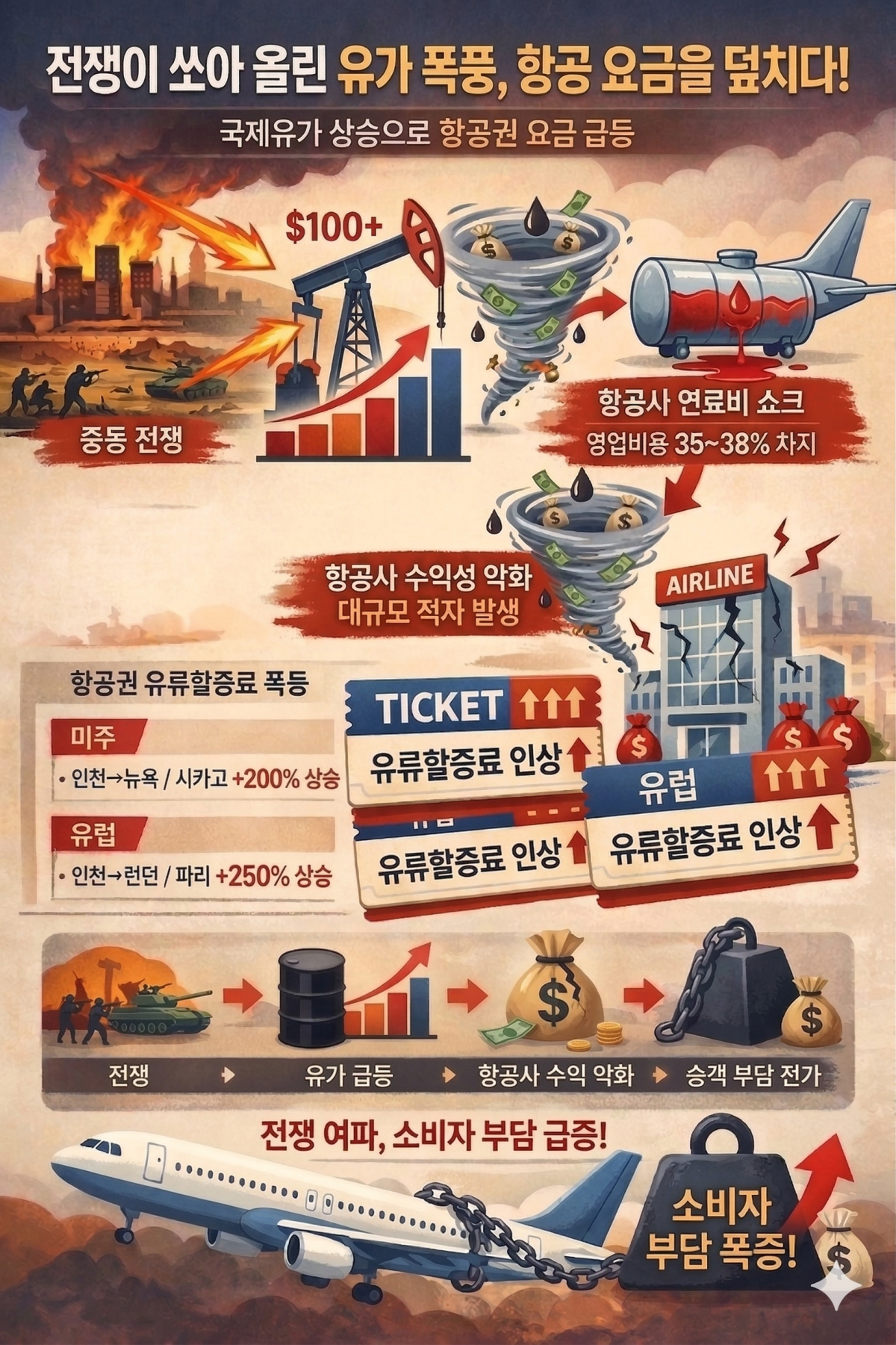▲중동 전쟁이 쏘아 올린 유가 폭풍, 항공 요금을 덮치다. (구글 제미나이 AI 생성)