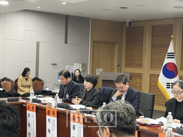▲9일 국회의원회관에서 석재은 한림대학교 사회복지학부 교수(왼쪽에서 두 번째)가 발표를 하고 있다. (박지수 기자 jsp@)