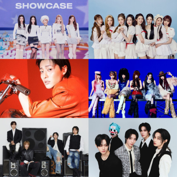 ▲키키(왼쪽 상단부터 시계방향), 하츠투하츠, 아이브, 하츠웨이브, 드래곤포니, 우즈(사진제공=스타쉽엔터, SM, EDAM, 안테나, 카카오엔터)
