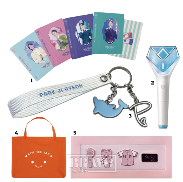 ▲1 ‘미스터트롯3’ TOP7의 굿즈. 2 임영웅 공식 응원봉. 3 박지현 굿즈, 키링. 4 김희재 굿즈, 에코백. 5 이찬원 굿즈, 배지.
