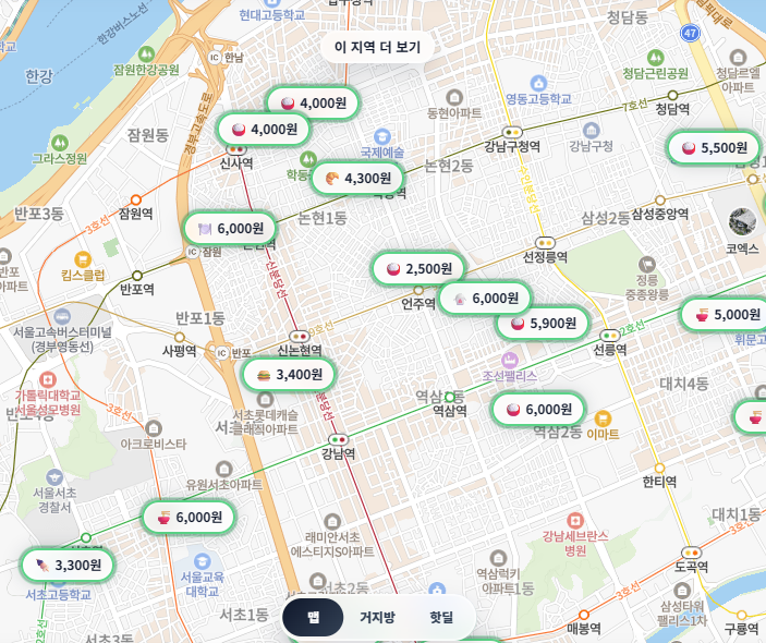 ▲거지맵을 통해 논현역 일대 저렴한 식당을 검색한 화면. (출처=‘거지맵’ 캡처)