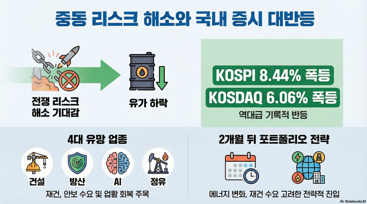 ▲미국과 이란의 전쟁 리스크가 해소 국면에 접어든것 아니냐는 기대감에 국내 증시가 하루 만에 500포인트 가까이 폭등하는 기록적인 상승세를 보였다. 전문가는 반등 국면에서 건설, 방산, AI 테마를 눈여겨 봐야한다고 조언했다. (이지미=구글 노트북 LM)