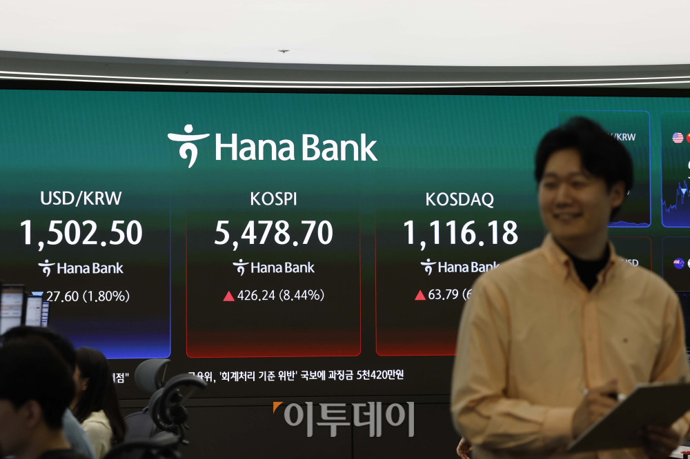 ▲1일 서울 중구 하나은행 딜링룸 전광판에 원·달러 환율은 오후 3시30분 기준 전 거래일보다 28.8원 내린 1501.3원이 나타나고 있다. 코스피 지수는 전 거래일보다 426.24포인트(8.44%) 오른 5478.7을 기록했다. 코스닥 지수는 전 거래일보다 63.79포인트(6.06%) 상승한 1116.18에 거래를 마감했다. 김예연 인턴기자 kimye@