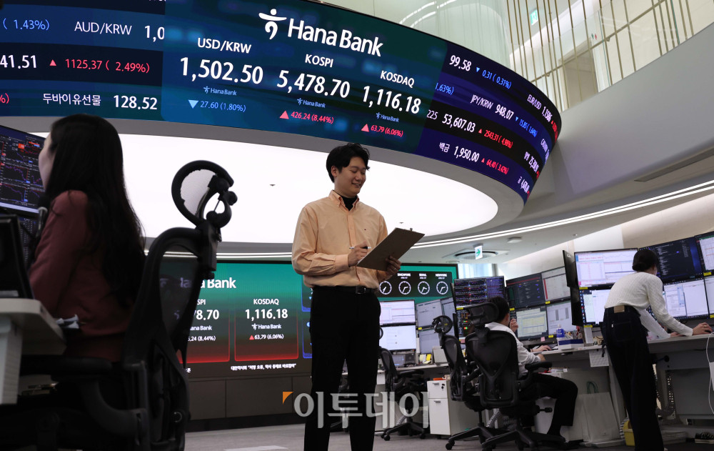 ▲1일 서울 중구 하나은행 딜링룸 전광판에 원·달러 환율은 오후 3시30분 기준 전 거래일보다 28.8원 내린 1501.3원이 나타나고 있다. 코스피 지수는 전 거래일보다 426.24포인트(8.44%) 오른 5478.7을 기록했다. 코스닥 지수는 전 거래일보다 63.79포인트(6.06%) 상승한 1116.18에 거래를 마감했다. 김예연 인턴기자 kimye@