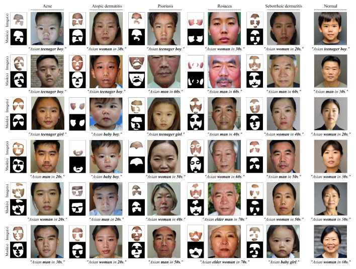 ▲피부 질환 임상 사진 적용 사례. 환자의 신원은 보호하면서도 진단에 필수적인 피부 병변(여드름, 건선 등)은 훼손 없이 보존했다. (사진제공=서울대병원)