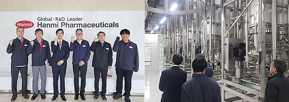 ▲황상연(왼쪽에서 세 번째) 한미약품 대표이사가 현장관계자들과 기념촬영을 하고 있다. (사진제공=한미약품)