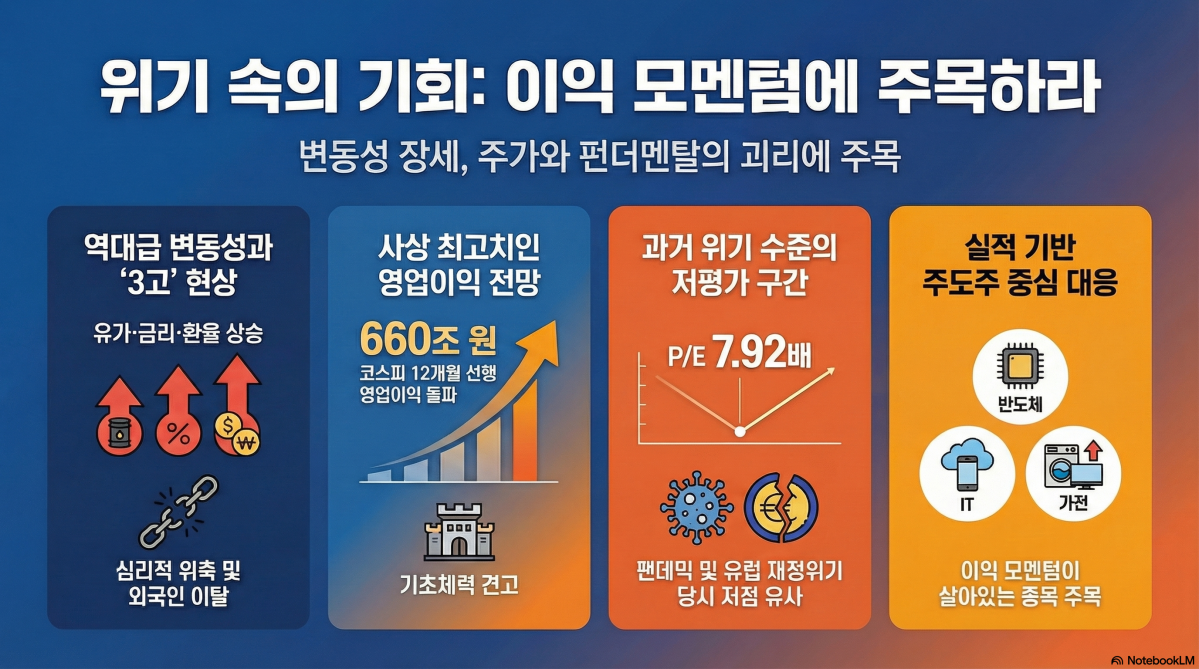 ▲지정학적 위기로 국내 증시가 롤러코스터를 탄 듯한 역대급 변동성 장세를 보이고 있는 가운데 이익 사이클을 바탕으로 주가와 펀더멘탈의 괴리가 커진 종목을 중심으로 한 반등 전략이 유효하다는 분석이 나왔다. (이미지=구글 노트북LM)