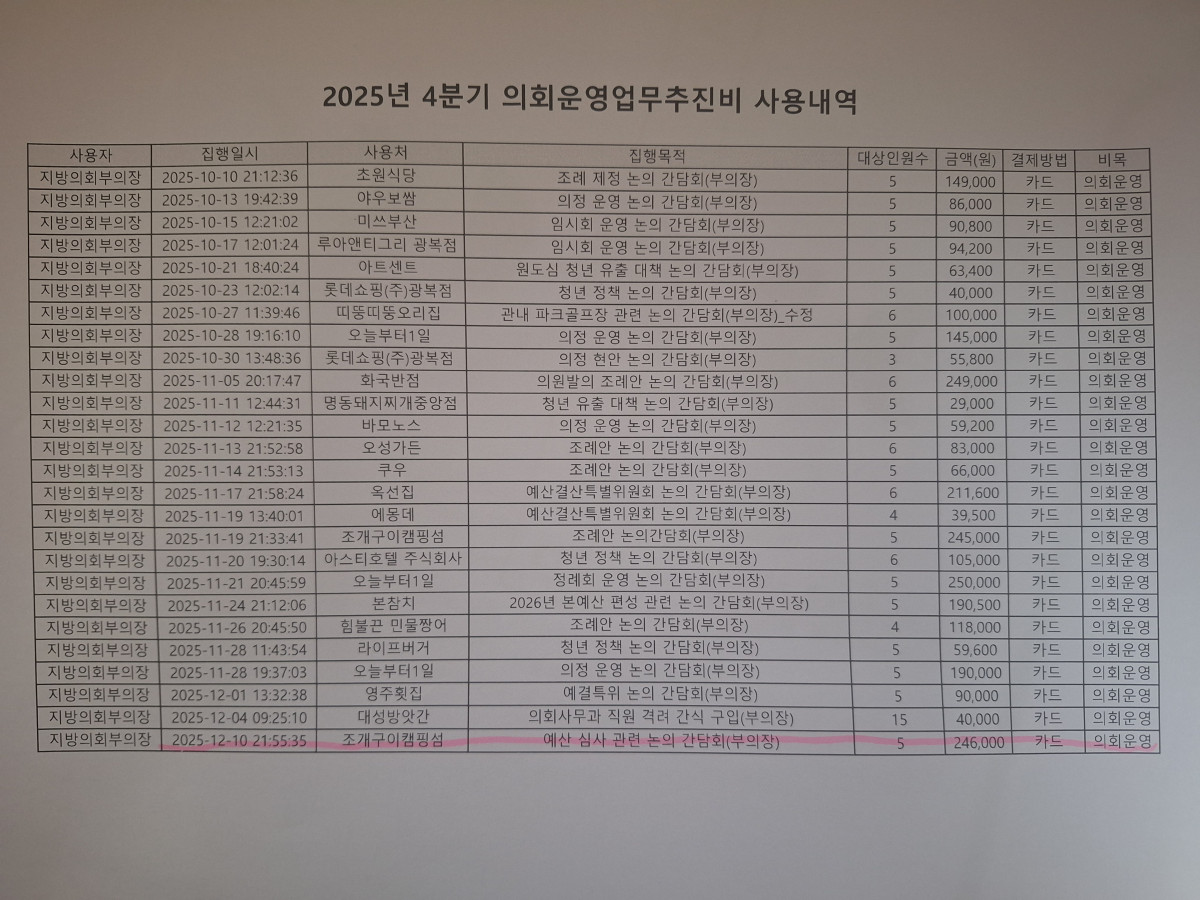 ▲형광색으로 표현된 것이 부의장의 업추비 사용내역이다. (서영인 기자 hihiro@)