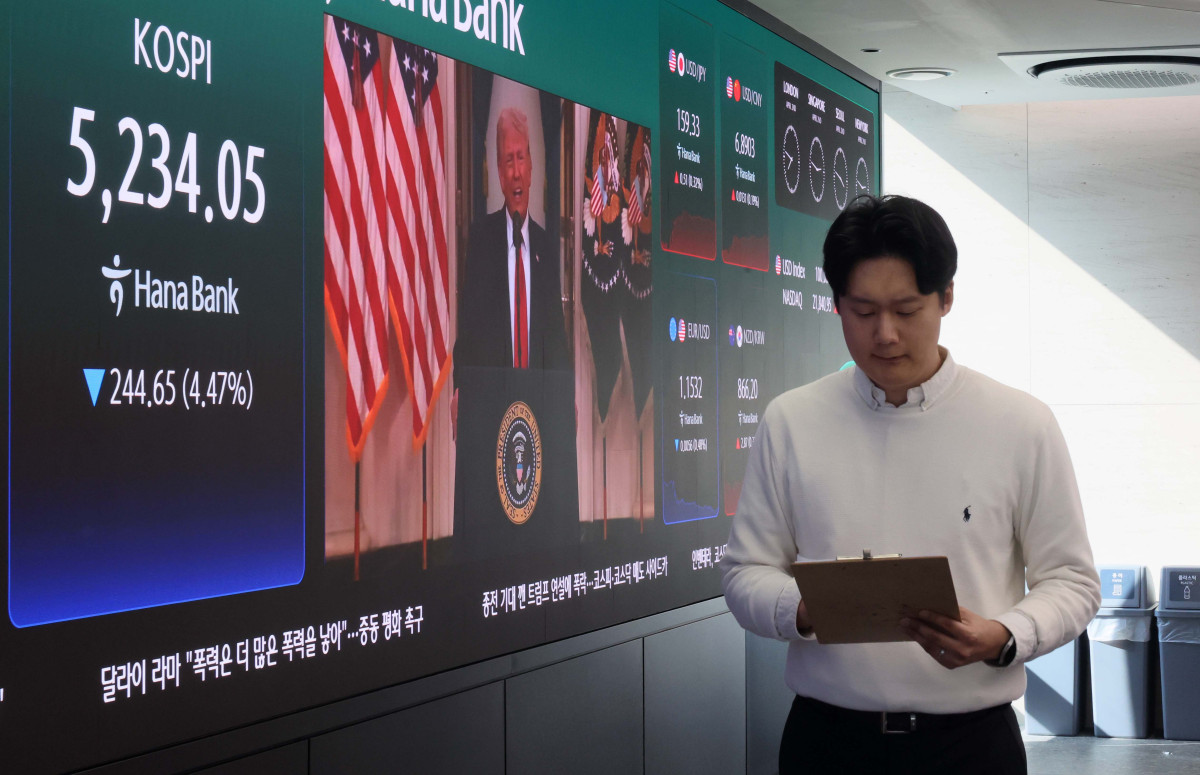 ▲도널드 트럼프 미국 대통령이 대국민 연설에서 이란 추가 타격 발언을 하자 코스피와 코스닥이 폭락 마감한 2일 서울 중구 하나은행 본점 딜링룸 모니터에 코스피 등 시황이 표시되고 있다. 이날 코스피는 전 거래일 대비 244.65포인트(4.47%) 내린 5234.05, 코스닥은 59.84포인트(5.36%) 하락한 1056.34, 서울외환시장에서 원·달러 환율은 전일 오후 3시 30분 기준 전날보다 18.4원 오른 1519.7원으로 장을 마쳤다. 신태현 기자 holjjak@