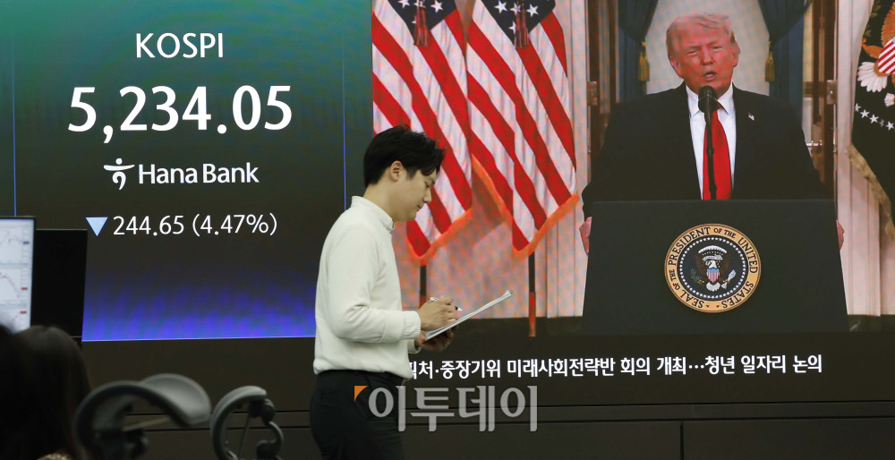 ▲2일 도널드 트럼프 미국 대통령의 연설로 중동전쟁의 종전 기대감이 꺾이면서 국내 증시에서 급락장이 펼쳐졌다. 이날 서울 중구 하나은행 딜링룸 전광판에 코스피 지수가 전 거래일보다 244.65포인트(4.47%) 하락한 5234.05를 나타내고 있다.  코스닥지수는 전 거래일보다 59.84포인트 (5.36%)하락한 1056.34에 거래를 마감했다. 원·달러 환율은 오후 3시 30분 기준 전 거래일보다 18.4원 오른 1519.7원으로 집계됐다. 김예연 인턴기자 kimye@