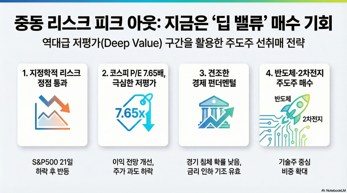 ▲이란발 지정학적 긴장이 정점을 통과하며 증시가 극심한 저평가 구간인 '딥 밸류(Deep Value)'에 진입함에 따라, 공포를 활용한 주도주 비중 확대 전략이 유효하다는 분석이 나왔다. (이미지=구글 노트북 LM)