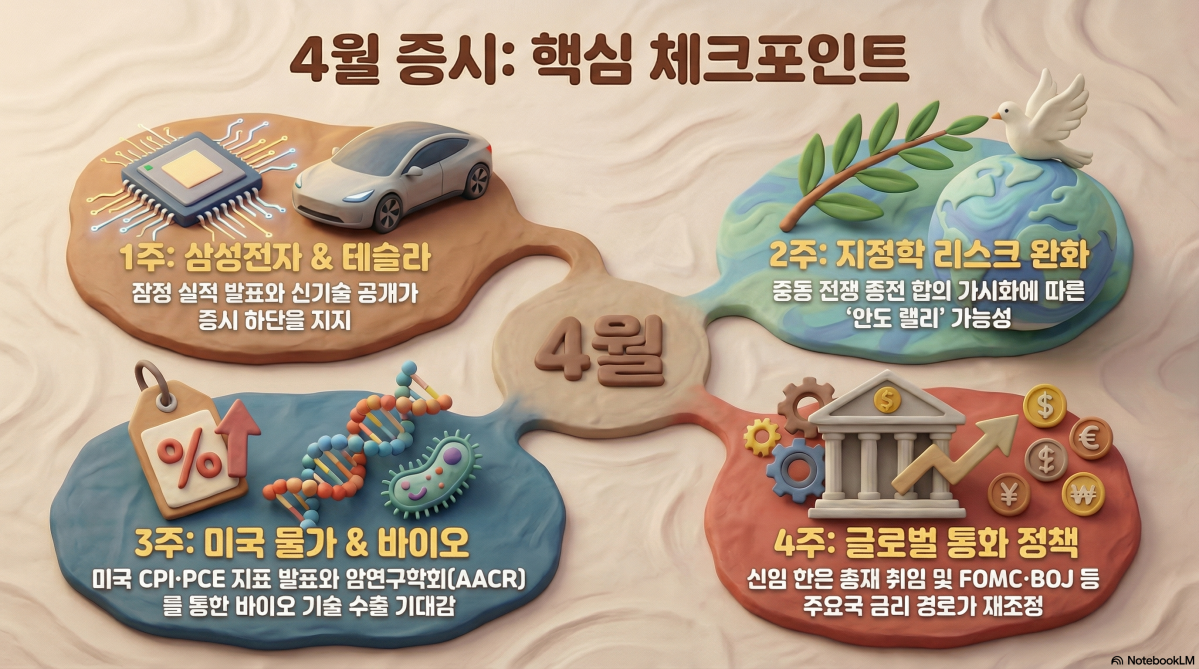 ▲4월 국내외 주식시장은 1주차는 테크, 2주차는 이란 사태와 금리, 3주차는 물가와 기업 실적, 4주차는 주요국 통화정책 결정 등 주차별로 이벤트가 예정돼 있다. (출처=노트북LM)