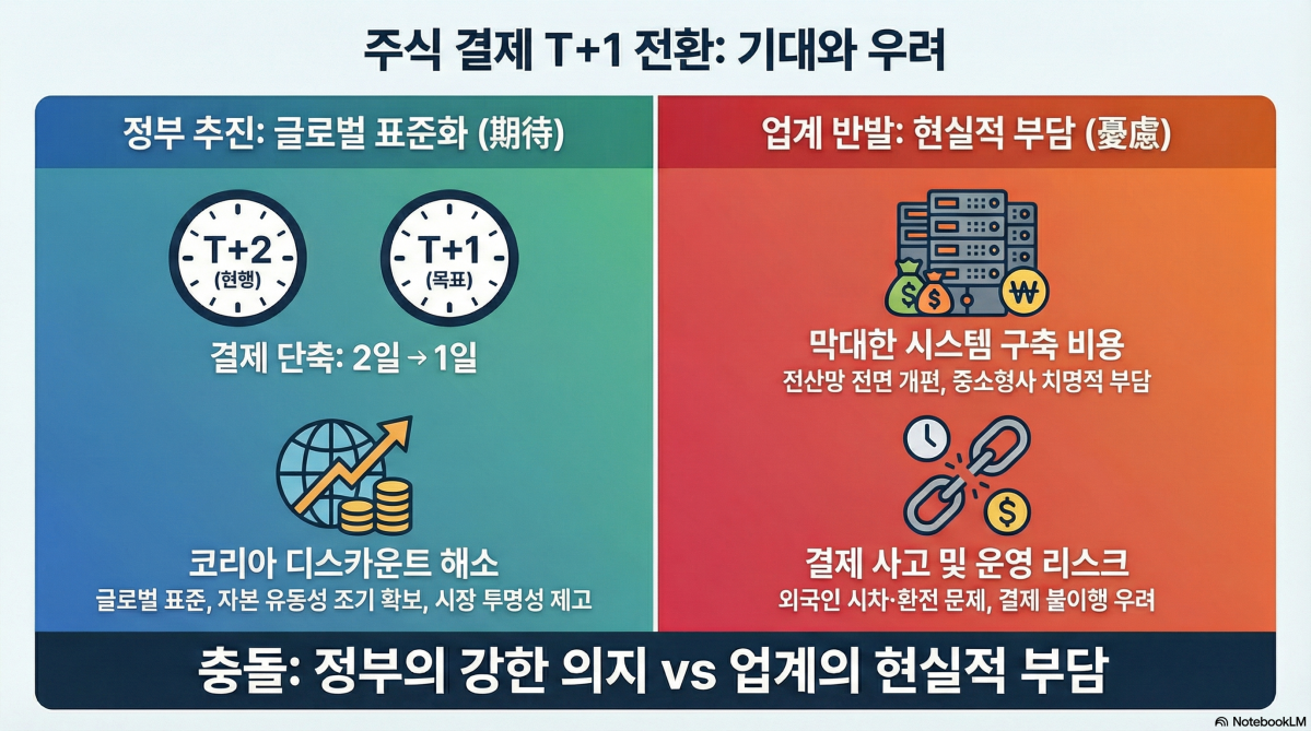 ▲정부가 자본시장 정상화를 위해 주식 결제주기 단축(T+1) 카드를 꺼내 들었으나, 인프라 비용 부담과 운영 리스크를 우려하는 증권업계는 난처한 기색을 감추지 못하고 있다. (이미지=구글 노트북 LM)