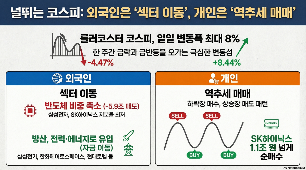 ▲코스피가 롤러코스터를 타는 가운데 외국인은 반도체 비중을 줄이는 등 총 6조원 가까이 순매도했고, 개인은 내리면 사고 오르면 파는 전략을 이어갔다. (출처=구글 노트북 LM)