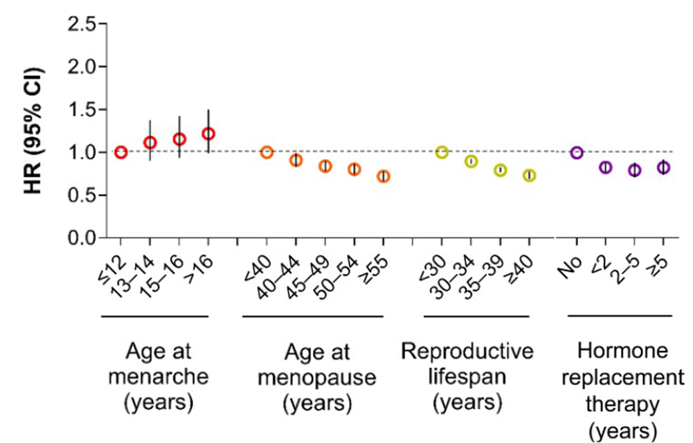 ▲초경 연령이 빠를수록(Age at menarche), 폐경 연령이 늦을수록(Age at menopause) 치매 발생의 위험이 낮다. 가임기간(reproductive lifespan, 초경에서 폐경까지의 기간)이 40년 이상인 여성은 30년 미만인 여성에 비해 전체 치매 위험이 27% 낮다. 호르몬대체요법(Hormone replacement therapy)을 5년 이상 시행한 경우 사용하지 않은 경우에 비해 치매 위험이 17% 낮다. (그래프=서울성모병원)