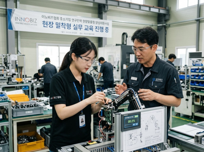 ▲AI로 생성한 이노비즈협회 ‘중소기업 연구인력 현장맞춤형 양성지원사업’ 현장 실습 이미지. (사진제공=이노비즈협회)