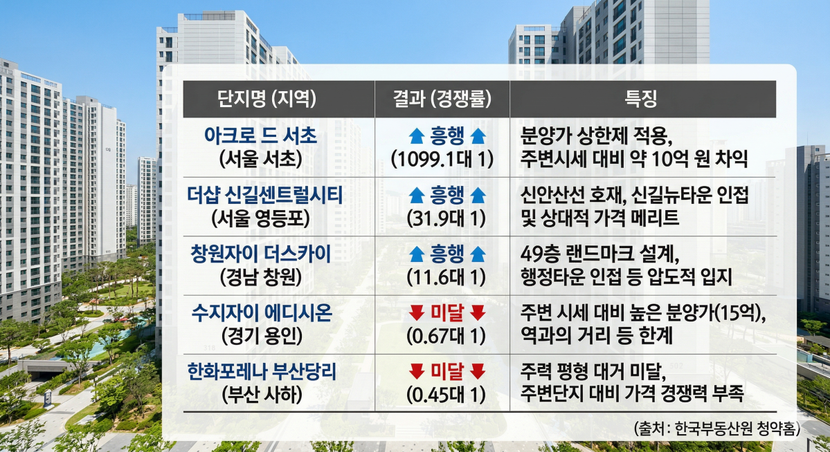 ▲주요 분양 단지 청약 성적 및 특징 비교 (자료=한국부동산원 청약홈, Gemini 이미지 생성.)