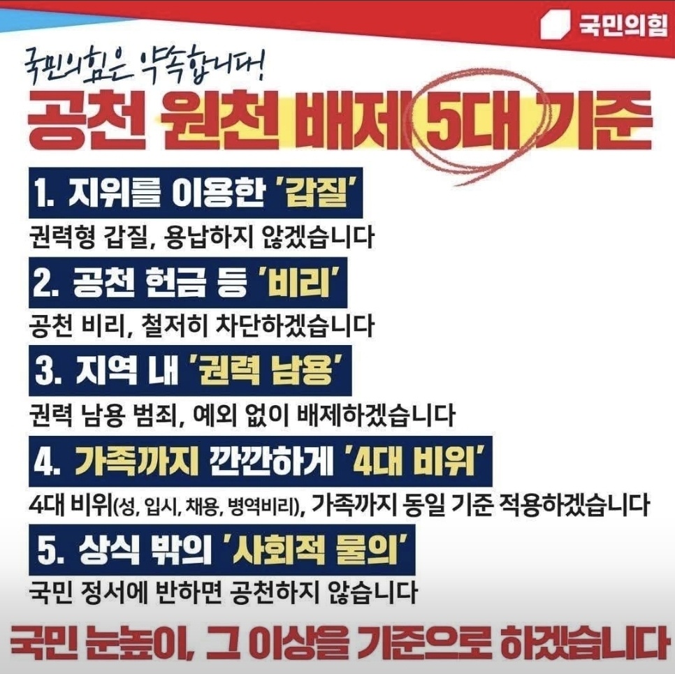 ▲국민의힘 공천원천 배제 기준 5대 기준 배너 (사진제공=국민의힘 부산시당)