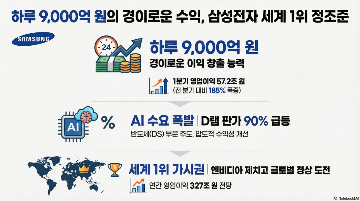 ▲삼성전자가 올해 1분기 영업이익 57조원을 돌파하는 기염을 토하며 한국 기업사를 새로 쓰자, 증권업계는 실적 전망치와 목표주가를 일제히 상향 조정하고 나섰다. (이미지=구글 노트북 LM)