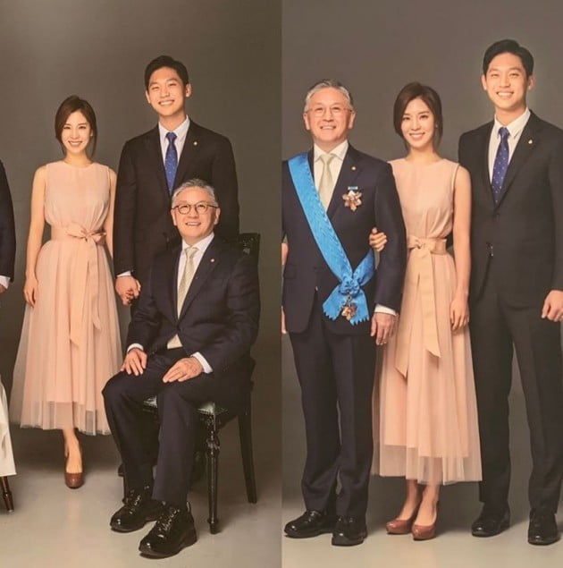 ▲함영준 오뚜기 회장(안경 낀 인물)과 그의 장녀 함연지 씨, 그의 남편 김재우(맨 오른쪽) 씨 가족사진 (사진=함연지 인스타그램)