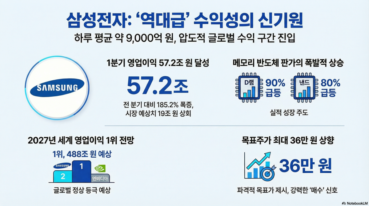 ▲삼성전자가 올해 1분기 57조원이라는 유례없는 영업이익을 기록하며 어닝 서프라이즈를 달성하자, 증권가에서는 목표주가를 일제히 상향하며 세계 1위 도약 가능성을 점쳤다. (이미지=구글 노트북 LM)