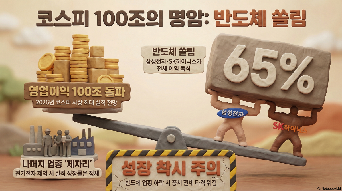 ▲7일 시장조사업체 에프엔가이드에 따르면 2026년 분기별 코스피 전체 영업이익 전망치는 가파른 상승세를 보이고 있으나, '전기전자' 섹터를 제외한 나머지 업종의 실적은 사실상 제자리에 머무를 것으로 보인다. (출처=구글 노트북LM)
