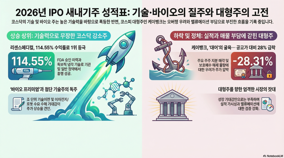 ▲2026년 신규 상장 종목 성적표가 엇갈렸다. (출처=노트북 LM)