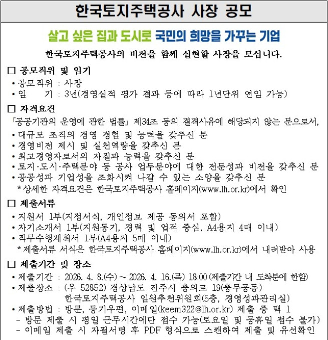 ▲LH 사장 공모 공고문. (사진제공=한국토지주택공사)