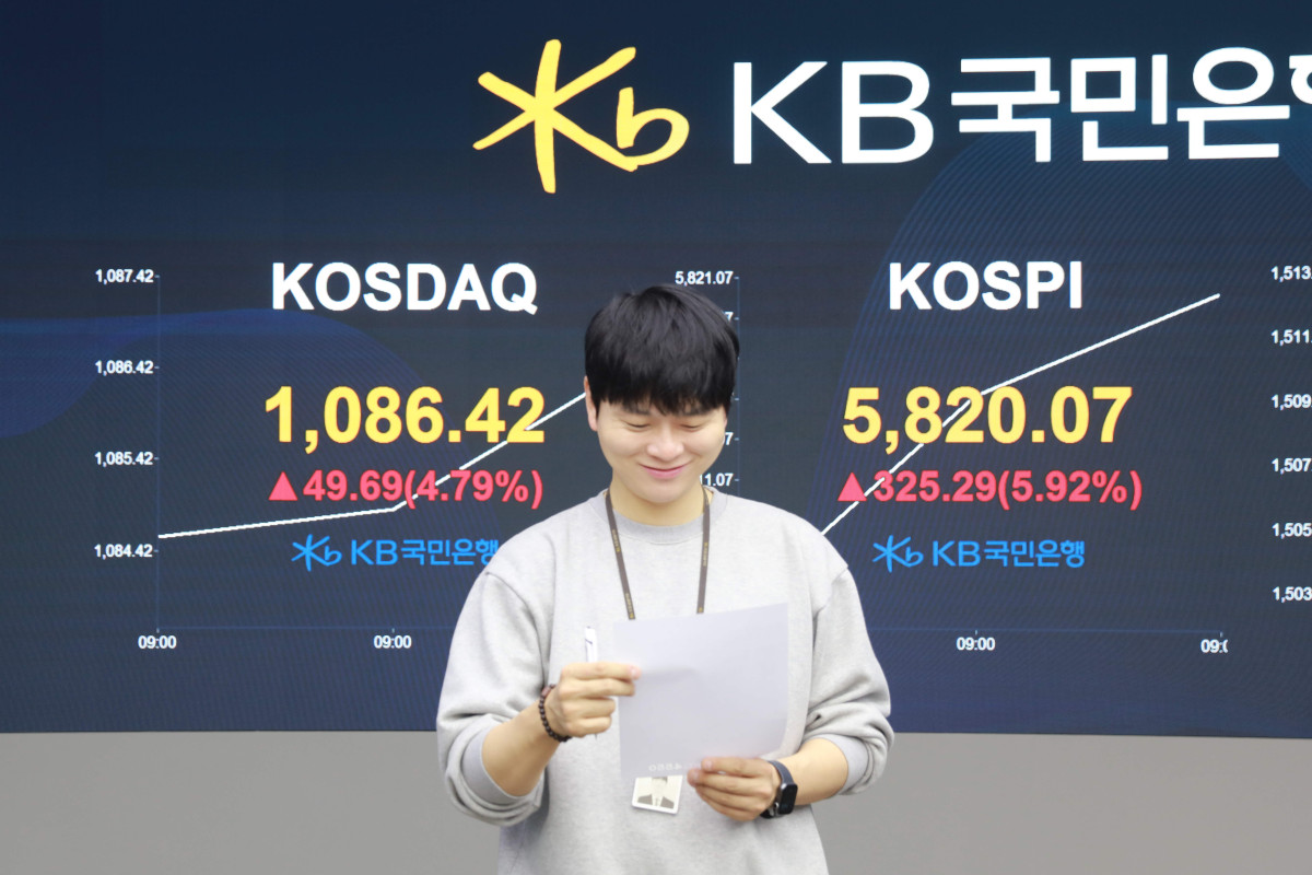 ▲8일 오전 코스피 지수와 코스닥 지수가 급등하는 가운데 KB국민은행 딜링룸에 주요 지수가 표시되고 있다. (출처=KB국민은행)