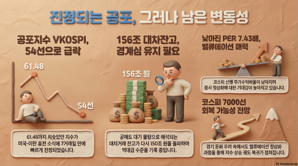 ▲코스피 공포지수(VKOSPI) 급락, 그러나 대차잔고는 156조원. (출처=구글 노트북LM)