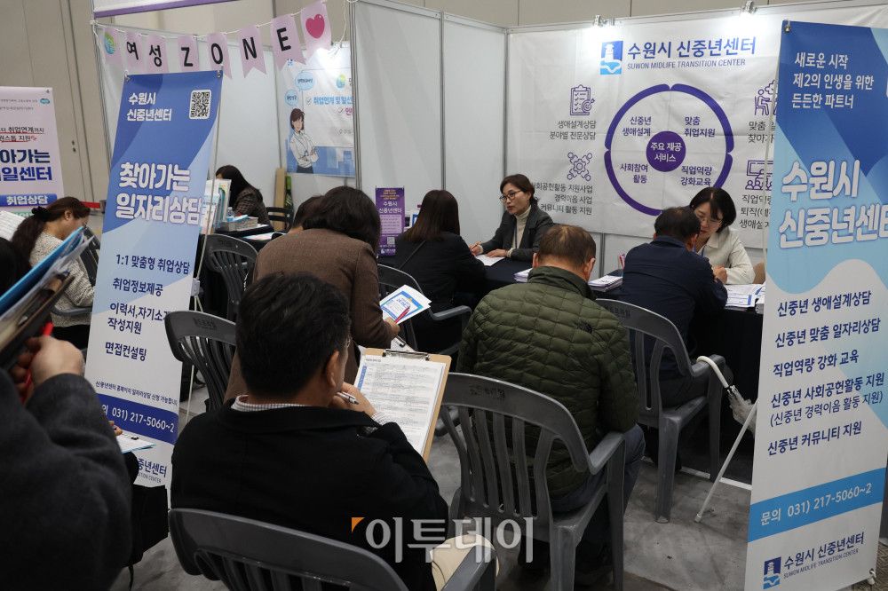 ▲9일 경기 수원컨벤션센터에서 열린 2026 수원시 일자리박람회에서 구직자들이 채용상담을 받고 있다. 이날 행사에는 지역 핵심 산업인 반도체 업종 기업 13곳을 포함해 특화산업 중심 50개 구인기업이 300여명을 채용할 예정이다. 고이란 기자 photoeran@