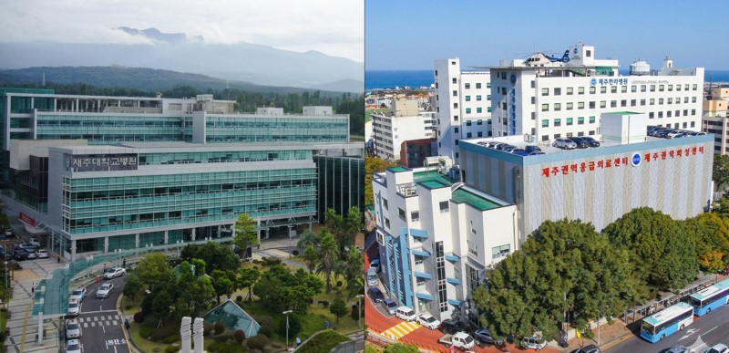 ▲제주대학교병원(왼쪽)과 제주한라병원 전경 (사진제공=제주도)