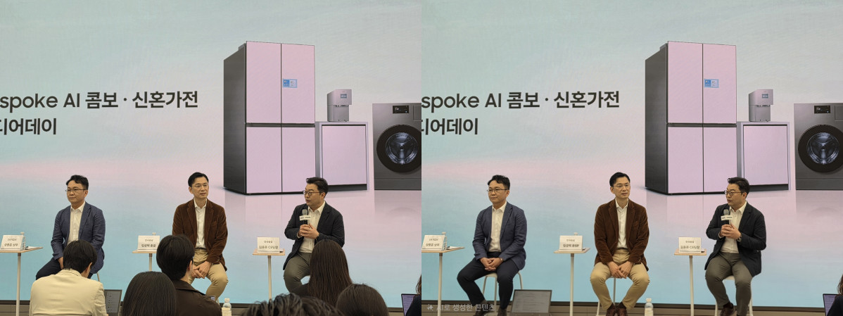 ▲갤럭시 S26 울트라 ‘AI 지우기’ 적용 전(왼쪽)과 후 모습. 사진은 (왼쪽부터) 성종훈 삼성전자 DA사업부 상무, 한국총괄 임성택 부사장, 김용훈 상무가 26일 삼성강남에서 열린 ‘비스포크 AI 콤보’ 세탁건조기 출시 행사에서 질문에 답하고 있는 모습. 손희정 기자 sonhj1220@