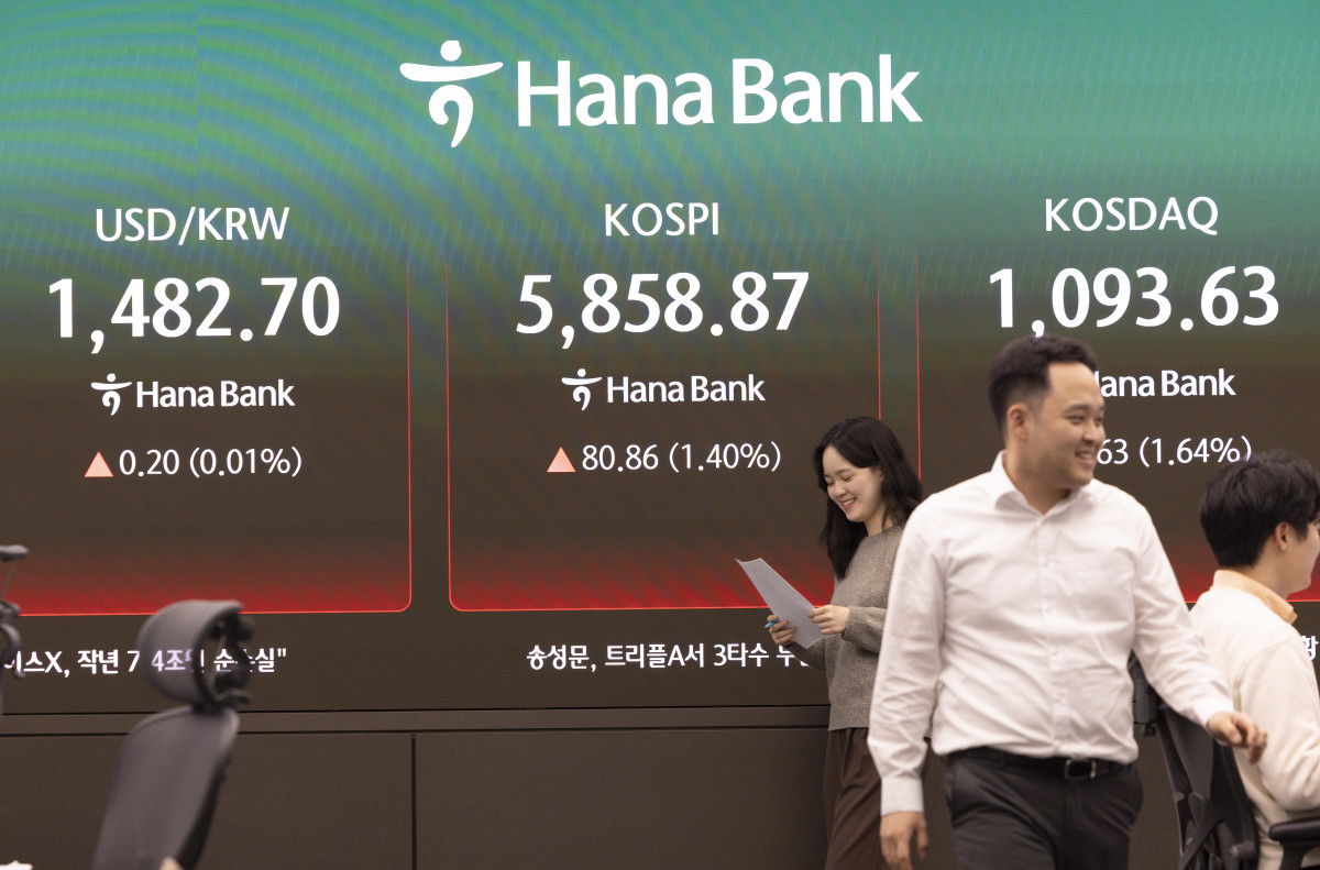 ▲코스피 지수는 전 거래일(5778.01)보다 80.86포인트(1.40%) 오른 5858.87에 마감한 10일 오후 서울 중구 하나은행 본점 딜링룸 모니터에 지수가 나오고 있다. (출처=뉴시스)