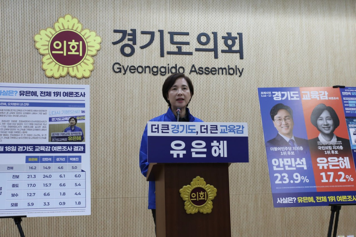 ▲유은혜 경기도교육감 예비후보가 13일 경기도의회 브리핑룸에서 기자회견을 열고 안민석 예비후보 측의 여론조사 왜곡 의혹에 대해 즉각 사과를 촉구하고 있다. (유은혜 예비후보 캠프)