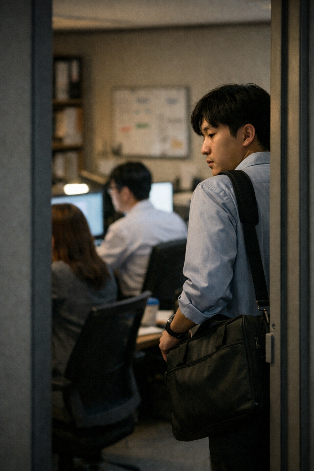 ▲‘쪼개기 연차’ 사용 후 퇴근할 때 눈치 보는 직장인. (사진=챗GPT AI 생성)