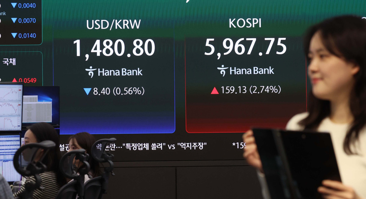 ▲미국과 이란의 종전 협상 기대감에 코스피가 장중 6000선을 재돌파한 14일 서울 중구 하나은행 본점 딜링룸 모니터에 코스피 등 시황이 표시되고 있다. 중동전쟁 발발 이후 처음으로 한때 6000선을 넘어서기도 한 이날 코스피는 상승폭을 일부 반납하며 전 거래일 대비 159.13포인트(2.74%) 오른 5967.75로 장을 마쳤다. 신태현 기자 holjjak@