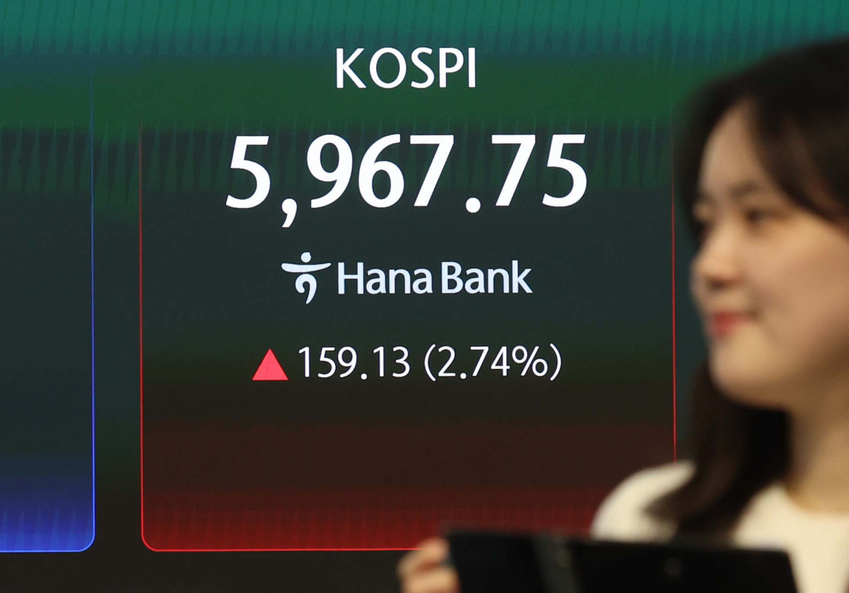 ▲미국과 이란의 종전 협상 기대감에 코스피가 장중 6000선을 재돌파한 14일 서울 중구 하나은행 본점 딜링룸 모니터에 코스피 등 시황이 표시되고 있다. 중동전쟁 발발 이후 처음으로 한때 6000선을 넘어서기도 한 이날 코스피는 상승폭을 일부 반납하며 전 거래일 대비 159.13포인트(2.74%) 오른 5967.75로 장을 마쳤다. 신태현 기자 holjjak@