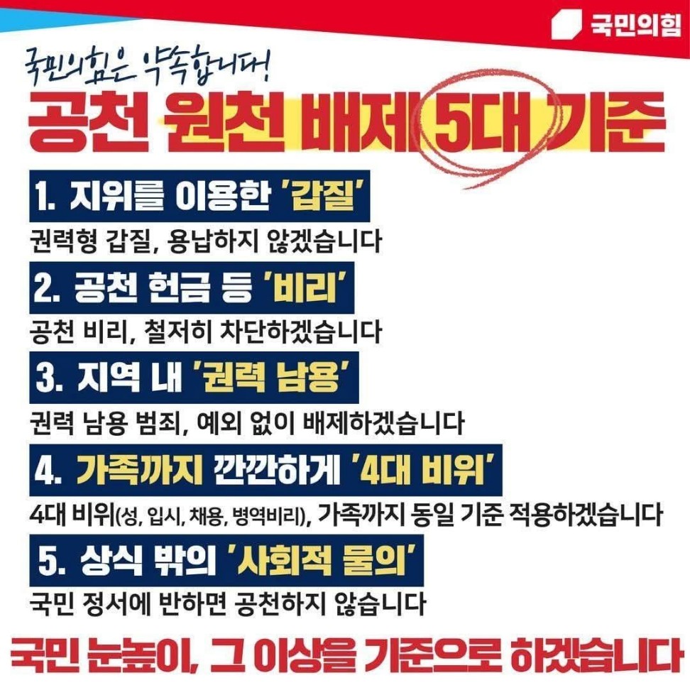 ▲국민의힘 공천 원천배제 5대기준 (사진제공=국민의힘 홈페이지)
