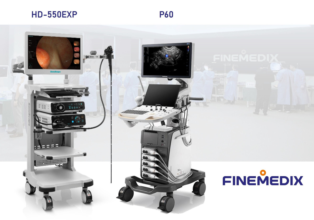 ▲소화기 연성 내시경 시스템 HD-550EXP와 초음파 내시경 영상 진단 장비 P60. (사진제공=파인메딕스)