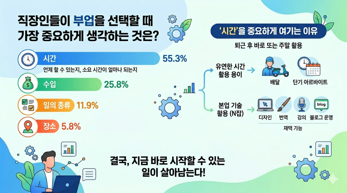 ▲부업의 기준은 돈보다 '시간'. 자료: 인크루트. (사진=제미나이 AI 생성)