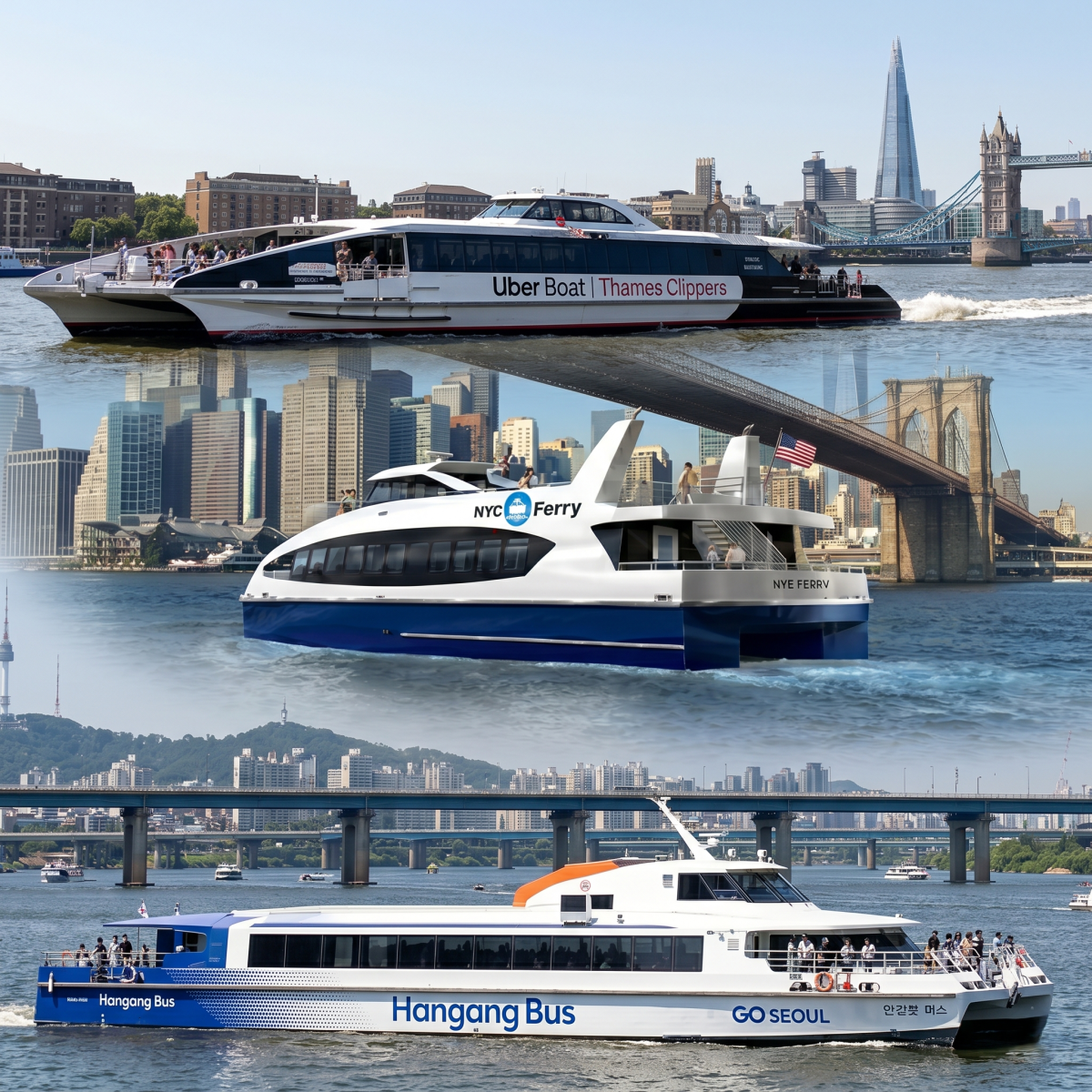 ▲위에서부터 차례대로 런던의 '템스 클리퍼스(Thames Clippers)', 뉴욕의 'NYC 페리(NYC Ferry)', 서울의 '한강버스'. (AI 기반 편집 이미지)