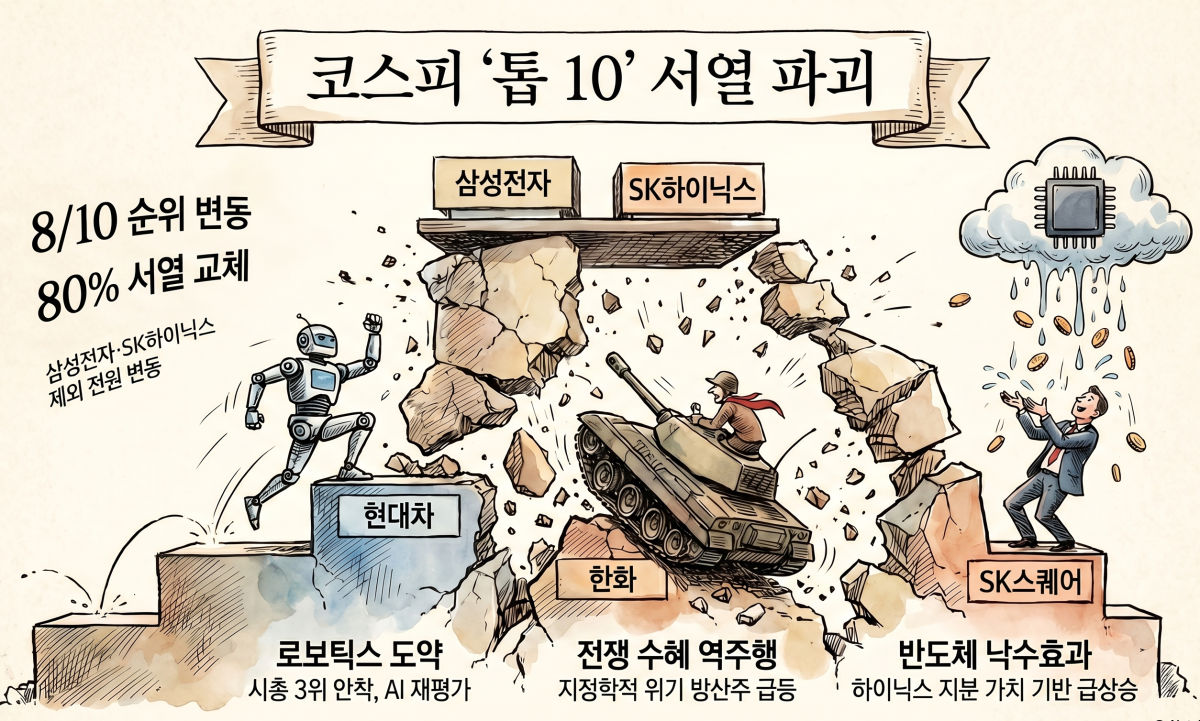 ▲17일 본지 분석에 따르면 올해 들어 시가총액 상위 10개 기업 중 8개 종목의 순위가 변동한 것으로 나타났다. (출처=구글 노트북LM)