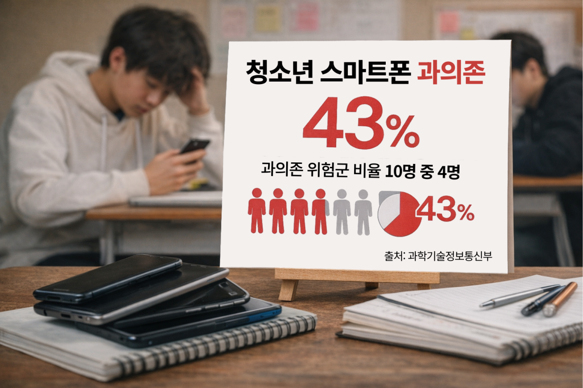 ▲한국 청소년 스마트폰 과의존 비율. (챗GPT AI 기반 편집 이미지)